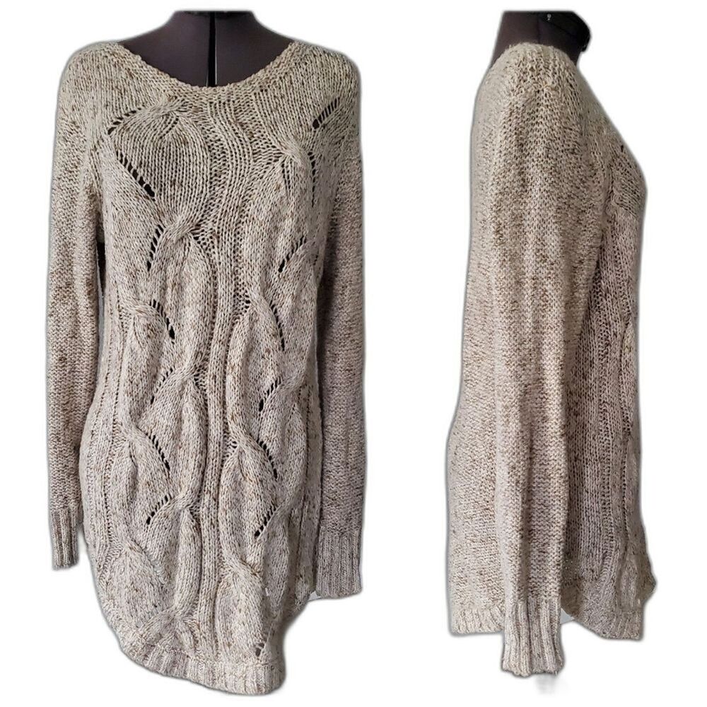 St Johns Bay Women’s Sweater Large Cream Brown Cable Knit Gold Thread Oversized